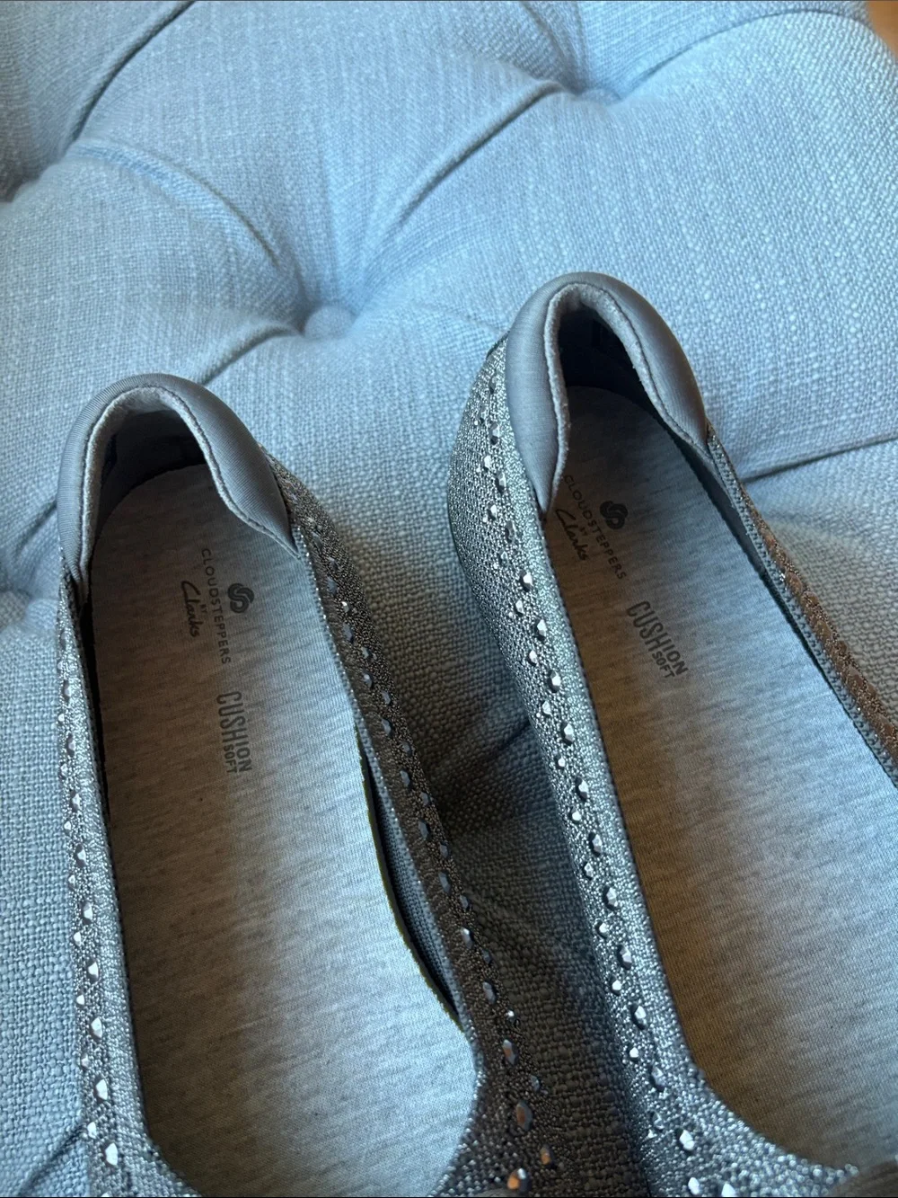 Clarks Gray Sparkle Ballet Flats with Bow and Stud Accents